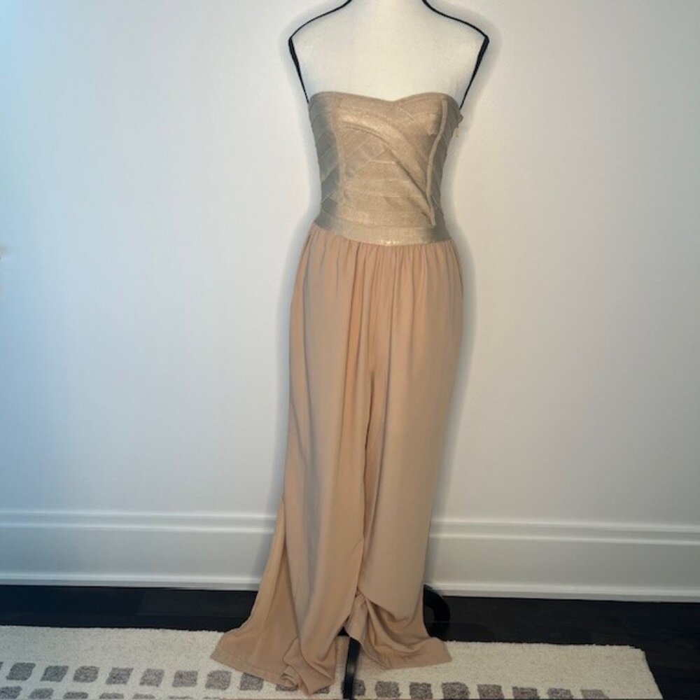 Hot Miami Styles Beige Halter Jumpsuit. Bodycon Bodice with Pockets, Size S